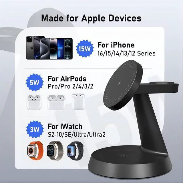 Alt view image 11 of 14 - 3 in 1 Wireless Charging Station for Apple, 15W Mag-Safe Charger Stand for iPhone17/16/15/14/13/12 Pro/Max/Plus/, Phone Charger Stand for Airpods 4/3/2, Wireless Charger for iWatch Series(Black)