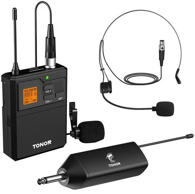 Alt view image 8 of 14 - Wireless Microphone System with Headset Lavalier Lapel Mic, Bodypack Transmitter, Rechargeable Receiver, 15 Channels 60 m/200ft Range 1/4" Output for Recording, 1 Bodypack Mic