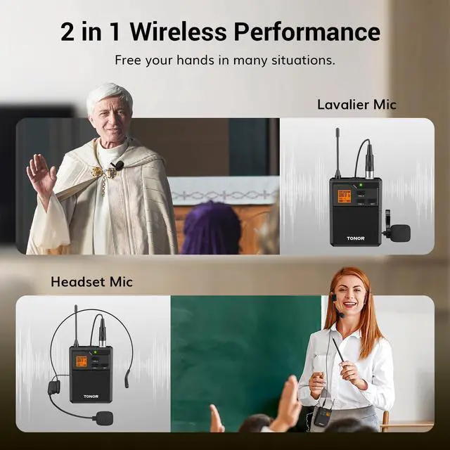 Alt view image 11 of 14 - Wireless Microphone System with Headset Lavalier Lapel Mic, Bodypack Transmitter, Rechargeable Receiver, 15 Channels 60 m/200ft Range 1/4" Output for Recording, 1 Bodypack Mic