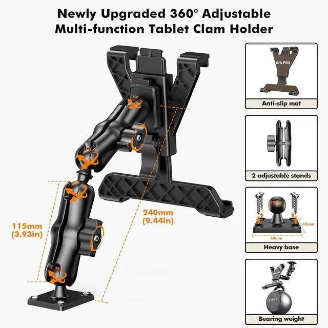 Alt view image 10 of 12 - Tablet Holder for Truck, Heavy Duty iPad Mount for Drill Base 360°Adjustable 2-Stage Arm Car Stand for All 7" - 11.5" iPad Pro,Mini,Samsung Tab,Nexus, Great for Desks,Wall, Businesses