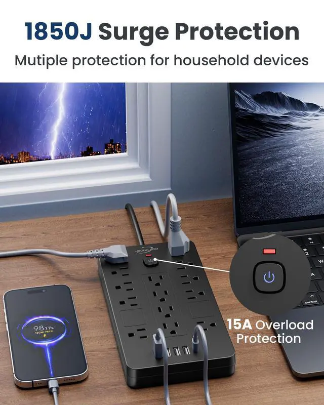 Alt view image 13 of 14 - Surge Protector Power Strip-14 Outlets and 6 USB Ports, 6 Feet Flat Plug Extension Cord, 1850 Joules, Black, ETL Listed for Home, Office, Dorm Room