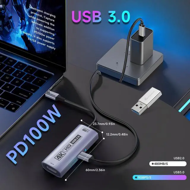 Alt view image 14 of 14 - 4K USB3.0 Video Capture Card with PD 100W, 4K@60FPS or 2K@144FPS HDMI to USB-A/C Capture Card for Streaming, Works with Pad, Tablet, MacOS, Switch2/1, Laptop, PC, Camera, VR, Silver