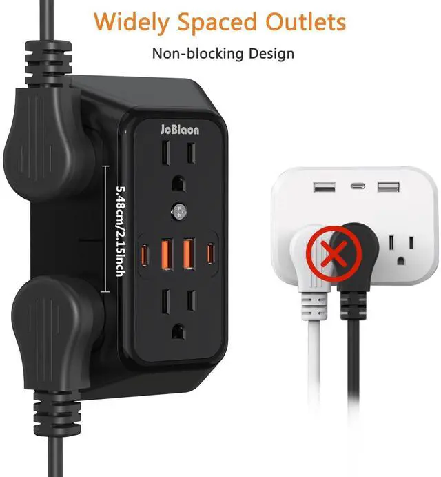 Alt view image 12 of 14 - Surge Protector Outlet Extender, 6 Outlet Extender with 4 USB Charging Ports (2 USB C), 3 Sided Multi Plug Wall Adapter for Home, Office, Travel-2 Pack,Black