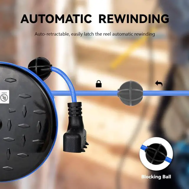 Alt view image 8 of 12 - Retractable Extension Cord Reel, 16/3 SJTW Power Cord 30Ft with 3 Electrical Outlets and 10 Amp Circuit Breaker, Ceiling or Wall Mount, Metal Plate, UL Listed, Blue
