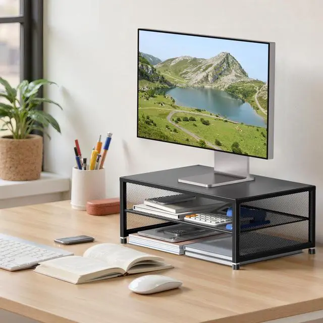 Alt view image 10 of 13 - 2-Tier Computer Monitor Stand Riser, Desk Organizer for Monitor, Printer & Laptop Stand, Desktop Workspace Organizers for Office Supplies(Black)