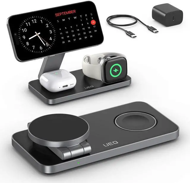 Alt view image 8 of 14 - Foldable 3 in 1 Wireless Charging Station for Apple Magsafe Charger Stand,Fast Magnetic Wireless Charger Station for iPhone 17 Air 16 15 14 13 12 Series,Airpods Pro,Apple Watch Ultra (Pure Black)