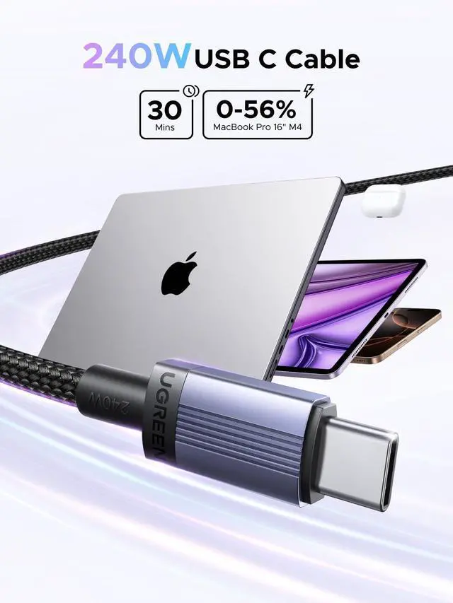 Alt view image 9 of 14 - 2-Pack 240W USB C to USB C Cable, Fast Charging USB C Cable for iPhone 17 Pro Max/16/15, Galaxy S25/S24/S23, Pixel 10/9/8, MacBook Pro/Air, ThinkBook, Dell XPS, iPad Pro/Air, Steam Deck, 10FT