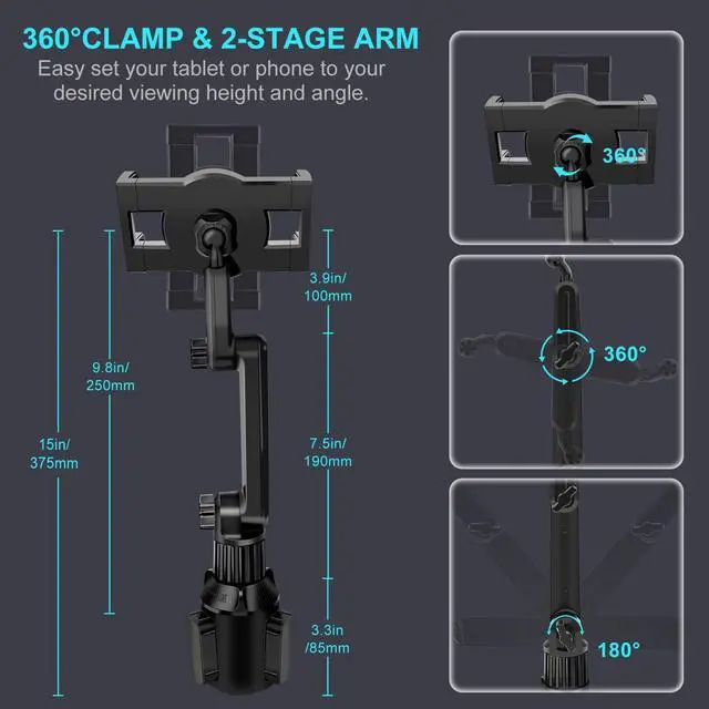 Alt view image 12 of 14 - Cup Holder Car Tablet Mount for Truck, 360° Adjustable 15" Long 2-Arm Stand Holder for iPad Pro 12.9/11/10.5/9.7/Air/Mini 6/5/4, Galaxy Tab/Z Fold 6/5/4, iPhone 17/16/Pro, 4.7-12.9" Tab &Phone