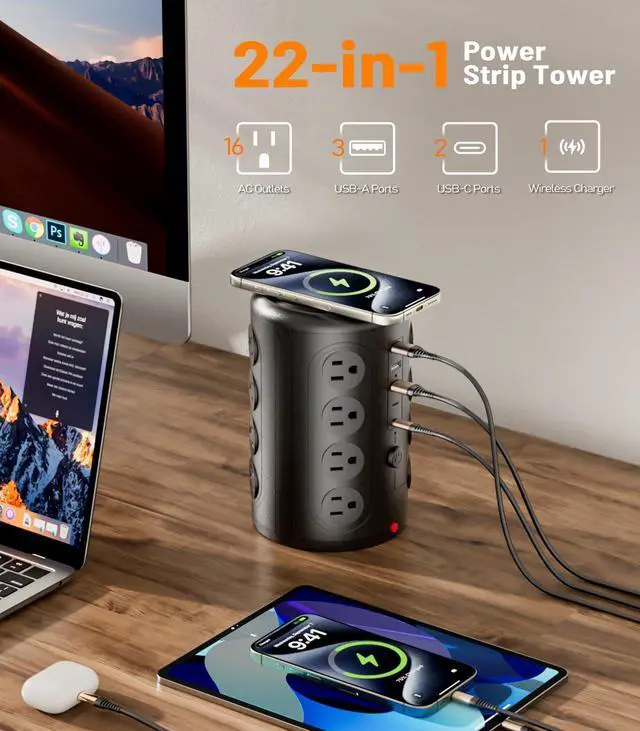 Alt view image 8 of 12 - Power Strip Tower Surge Protector, TenTrend 16 Outlets and 5 USB Ports (2 USB-C), 2000 Joules Charging Station, 6FT Flat Plug Extension Cord for Home Office Dorm Room Essentials, Black