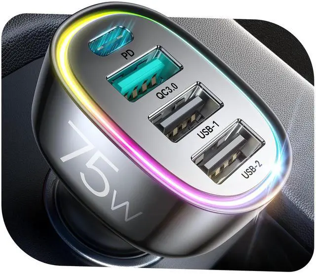 Alt view image 8 of 14 - 75W Car Charger USB C, 4 Port Super Fast Cigarette Lighter USB Charger, Type C 60W & QC 3.0 Multiport Car Phone Adapter Accessories for iPhone 17/16/15/14/13/12 Pro Samsung S20 S21 S22 S23, Android