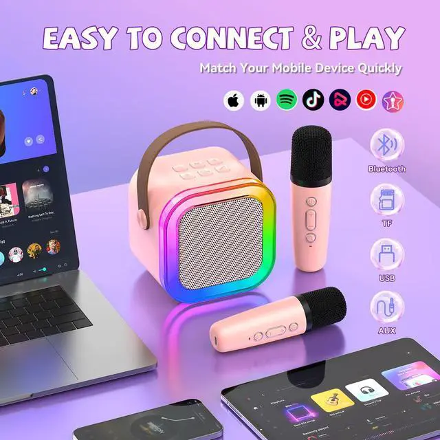 Alt view image 11 of 14 - Mini Karaoke Machine for Kids Girls Boys - Birthday Gifts for Ages 4 5 6 7 8+ Year Old - 2026 New est - Portable Bluetooth Speaker with 2 Wireless Microphone - Kids' Instrument Accessories - Pink