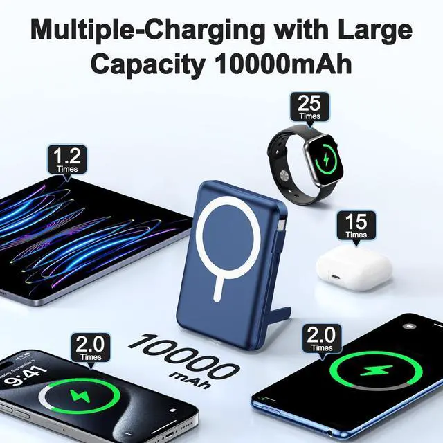 Alt view image 9 of 14 - for Magsafe Battery Pack, 10000mAh Power Bank for iPhone with Built-in Cables, 20W Fast Charging Magnetic Wireless Portable Charger with Stand for iPhone 17/16/15/14/13/12/Apple Watch Series