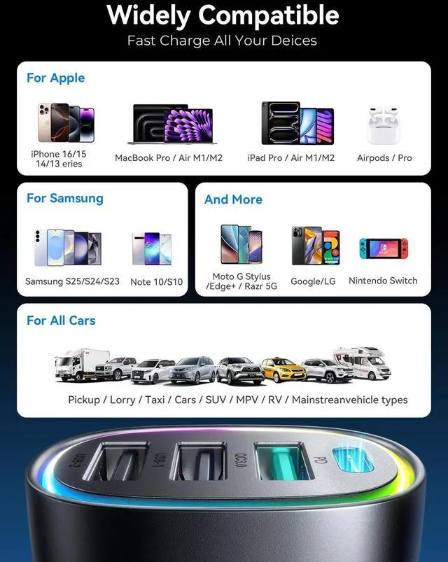 Alt view image 14 of 14 - 75W Car Charger USB C, 4 Port Super Fast Cigarette Lighter USB Charger, Type C 60W & QC 3.0 Multiport Car Phone Adapter Accessories for iPhone 17/16/15/14/13/12 Pro Samsung S20 S21 S22 S23, Android