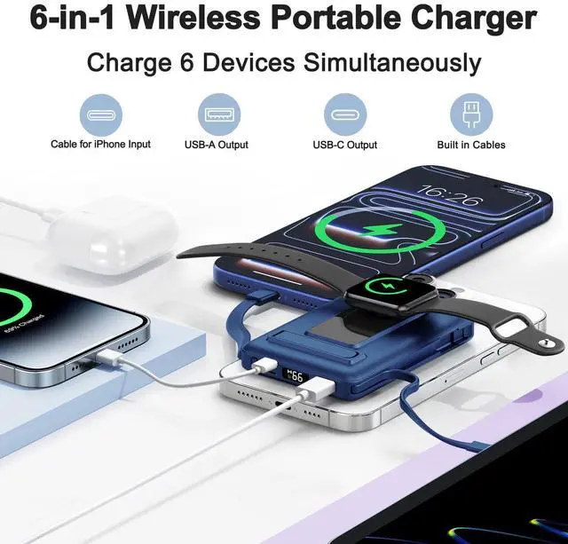 Alt view image 10 of 14 - for Magsafe Battery Pack, 10000mAh Power Bank for iPhone with Built-in Cables, 20W Fast Charging Magnetic Wireless Portable Charger with Stand for iPhone 17/16/15/14/13/12/Apple Watch Series
