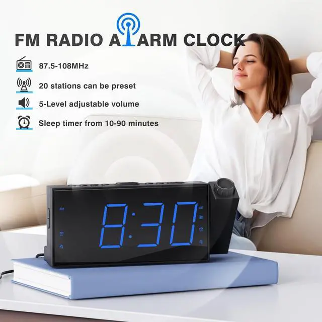 Alt view image 9 of 14 - FM Radio Projection Alarm Clock for Bedroom, Large LED Display with Dimmer, Dual Alarms, USB Charger, Sleep Timer,Clock Radio for Heavy Sleepers