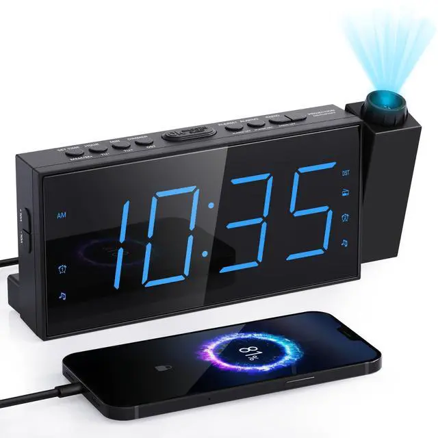 Alt view image 8 of 14 - FM Radio Projection Alarm Clock for Bedroom, Large LED Display with Dimmer, Dual Alarms, USB Charger, Sleep Timer,Clock Radio for Heavy Sleepers