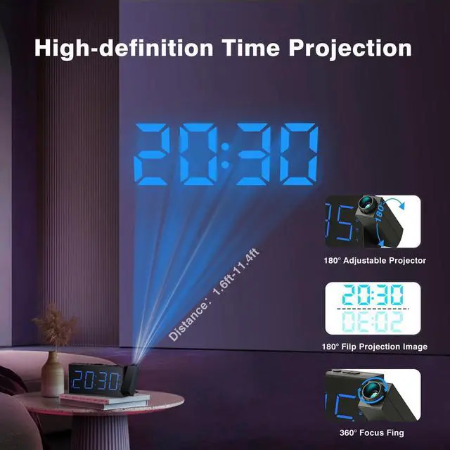 Alt view image 10 of 14 - FM Radio Projection Alarm Clock for Bedroom, Large LED Display with Dimmer, Dual Alarms, USB Charger, Sleep Timer,Clock Radio for Heavy Sleepers