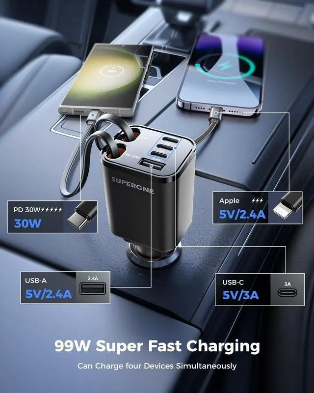 Alt view image 11 of 14 - Retractable Car Charger, 99W Car Phone Charger with Cables Fast Charging, USB C Car Charger Adapter for iPhone 17 16 15 14 13 12, Samsung, Black