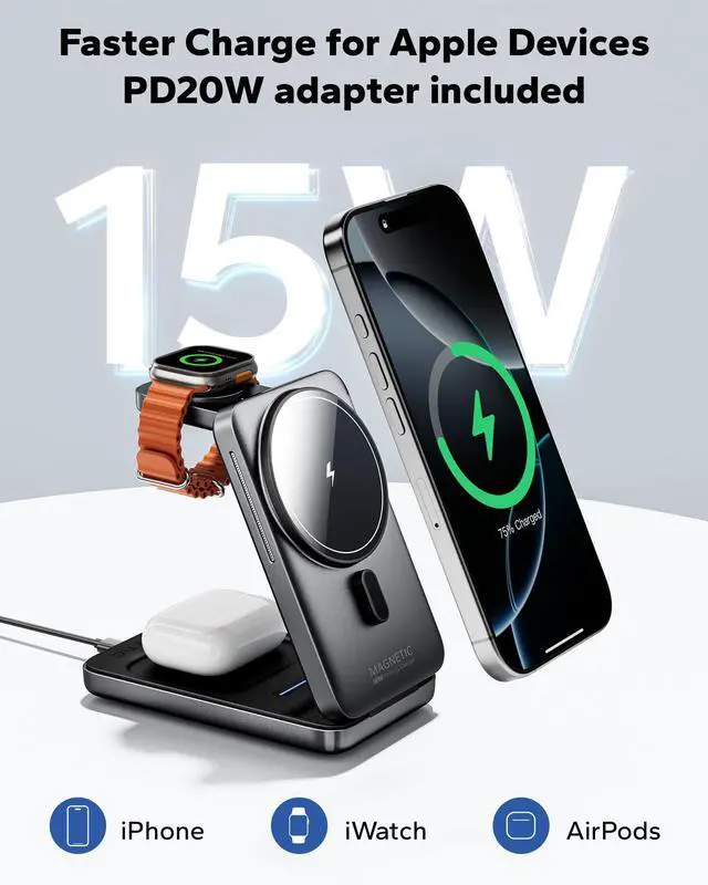 Alt view image 9 of 14 - Foldable 3in1 Charging Station for Magsafe, Travel Phone and Watch Charger for Apple, Wireless Charging Dock for Multiple Devices iPhone 17 16 15 14 13 12 Series/Apple Watch/Airpods