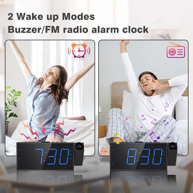 Alt view image 13 of 14 - FM Radio Projection Alarm Clock for Bedroom, Large LED Display with Dimmer, Dual Alarms, USB Charger, Sleep Timer,Clock Radio for Heavy Sleepers