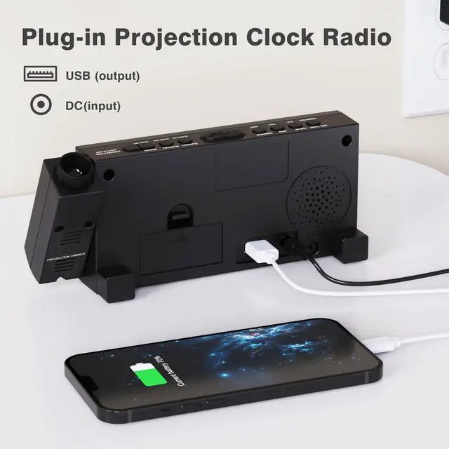 Alt view image 14 of 14 - FM Radio Projection Alarm Clock for Bedroom, Large LED Display with Dimmer, Dual Alarms, USB Charger, Sleep Timer,Clock Radio for Heavy Sleepers