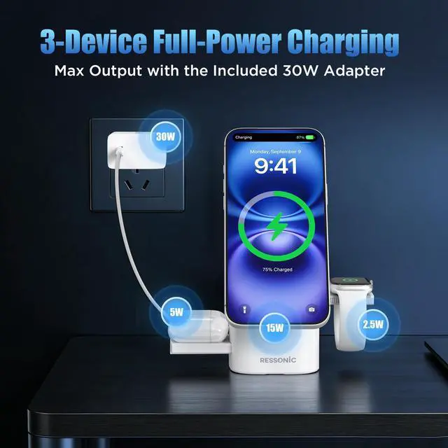 Alt view image 10 of 14 - 3 in 1 Wireless Charging Station for iPhone 17/16/15/14/13/12 Pro Max, Qi 2 Certified 15W Fast Charging Magnetic Charger Stand for Magsafe Phone, AirPods, Smart Watch (Black)