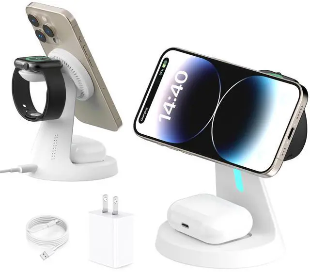 Alt view image 7 of 12 - Wireless Charger Compatible with Mag-Safe,3 in 1 Charging Station for iPhone17/16/15/14/13/12 Series, Apple Watch,AirPods,15W Fast Charging (Adapter Included)