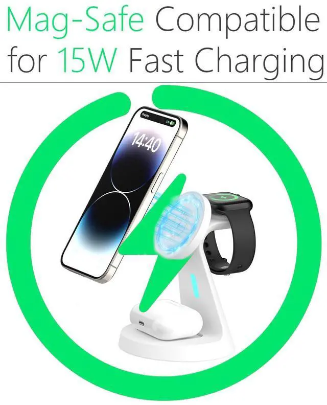 Alt view image 9 of 12 - Wireless Charger Compatible with Mag-Safe,3 in 1 Charging Station for iPhone17/16/15/14/13/12 Series, Apple Watch,AirPods,15W Fast Charging (Adapter Included)