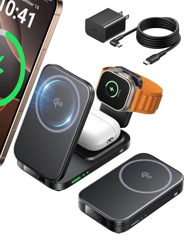 Alt view image 8 of 14 - 3 in 1 Wireless Charging Station, Qi2 Certified 15W Travel Charger for Apple Multiple Devices, Foldable Magnetic Wireless Charger Stand for iPhone 17 16 15 14 13 12 Series Apple Watch AirPods