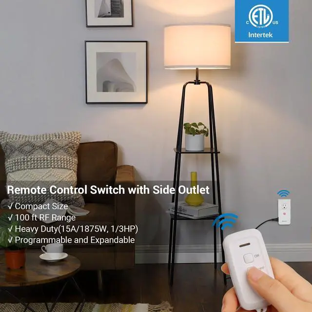 Alt view image 11 of 14 - 2 Side Outlets Remote Control Outlet with 2 Remotes, No Interference Wireless Remote Outlet Light Switch with 2 Outlets, 15A/1875W, 100ft RF Range, Programmable