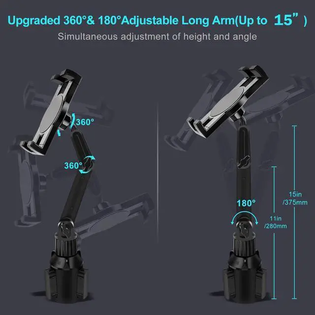 Alt view image 11 of 14 - Cup Holder Car Tablet Mount for Truck, 360° Adjustable 15" Long 2-Arm Stand Holder for iPad Pro 12.9/11/10.5/9.7/Air/Mini 6/5/4, Galaxy Tab/Z Fold 6/5/4, iPhone 17/16/Pro, 4.7-12.9" Tab &Phone
