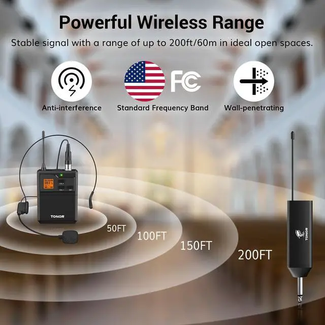 Alt view image 9 of 14 - Wireless Microphone System with Headset Lavalier Lapel Mic, Bodypack Transmitter, Rechargeable Receiver, 15 Channels 60 m/200ft Range 1/4" Output for Recording, 1 Bodypack Mic