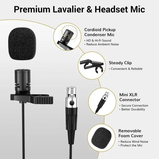 Alt view image 13 of 14 - Wireless Microphone System with Headset Lavalier Lapel Mic, Bodypack Transmitter, Rechargeable Receiver, 15 Channels 60 m/200ft Range 1/4" Output for Recording, 1 Bodypack Mic
