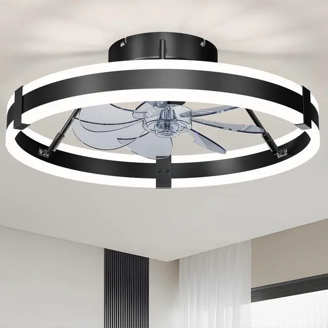 Alt view image 8 of 14 - Low Profile Bladeless Ceiling Fan with Lights & Remote - 19.7" Flush Mount Fandelier Light Fan for Bedroom/Kitchen, 3000-6000K Dimmable LED, 6-Speed Modern Fan with Lights for Home/Office