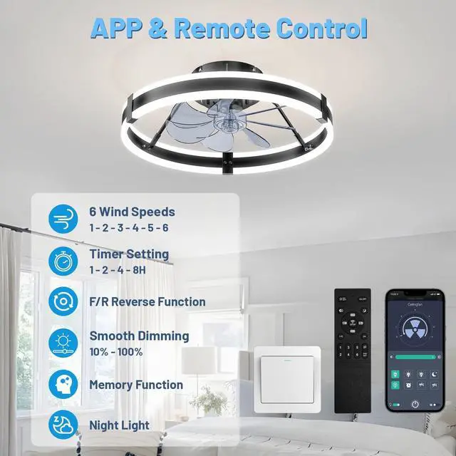 Alt view image 9 of 14 - Low Profile Bladeless Ceiling Fan with Lights & Remote - 19.7" Flush Mount Fandelier Light Fan for Bedroom/Kitchen, 3000-6000K Dimmable LED, 6-Speed Modern Fan with Lights for Home/Office