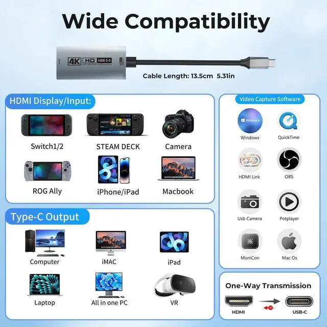 Alt view image 10 of 14 - 4K USB3.0 Video Capture Card with PD 100W, 4K@60FPS or 2K@144FPS HDMI to USB-A/C Capture Card for Streaming, Works with Pad, Tablet, MacOS, Switch2/1, Laptop, PC, Camera, VR, Silver