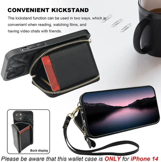 Alt view image 12 of 14 - Crossbody Wallet Case for iPhone 14, RFID Blocking PU Leather Zipper Handbag Purse Flip Cover, Kickstand Folio Case with Card Slots Holder Wrist Strap Lanyard 5G 6.1 Inch (Black)