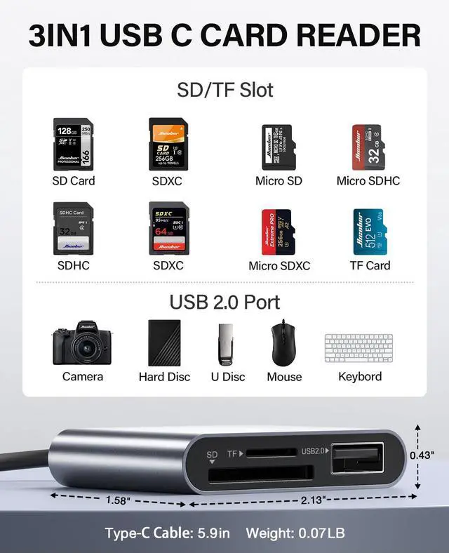 Alt view image 9 of 14 - 3-in-1 USB-C SD Card Reader, Supports 2TB SD/TF Cards with USB 2.0 Port, Compatible for USB-C Phones, Tablets, Laptops & iPhone 15,16,17, Portable Memory Card Reader for Photo/Video Transfer