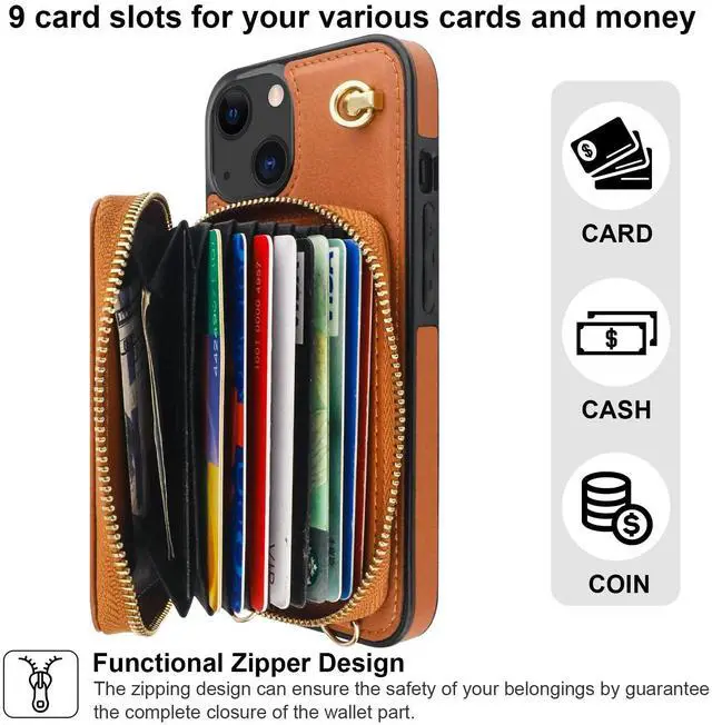 Alt view image 11 of 14 - Crossbody Wallet Case for iPhone 14 iPhone 13, RFID Blocking Leather Purse Case with Card Holder, Protective Handbag Flip Cover with Zipper Wrist Strap Lanyard for Women 5G 6.1 Inch (Brown)