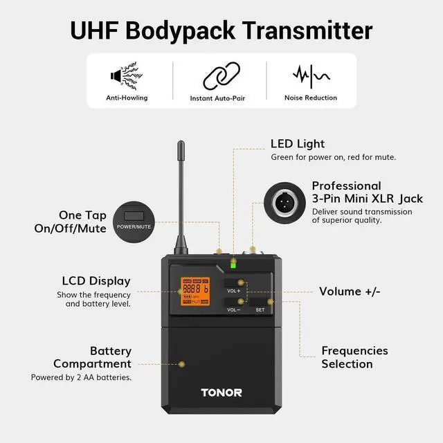 Alt view image 10 of 14 - Wireless Microphone System with Headset Lavalier Lapel Mic, Bodypack Transmitter, Rechargeable Receiver, 15 Channels 60 m/200ft Range 1/4" Output for Recording, 1 Bodypack Mic