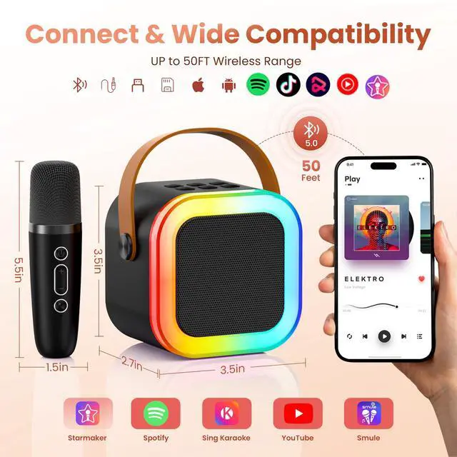 Alt view image 11 of 14 - Mini Karaoke Machine for Kids Adults, 2026 TOP Birthday Gifts for Girls Boys 3,4,5,6,7,8+Year Old Toddler Kids Toys, Portable Bluetooth Speaker with 2 Wireless Karaoke Microphones Player Easter(Black)