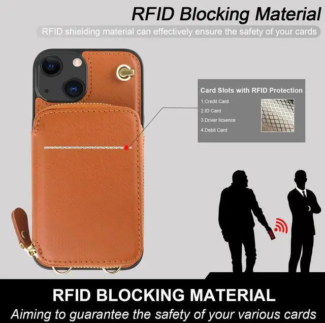 Alt view image 10 of 14 - Crossbody Wallet Case for iPhone 14 iPhone 13, RFID Blocking Leather Purse Case with Card Holder, Protective Handbag Flip Cover with Zipper Wrist Strap Lanyard for Women 5G 6.1 Inch (Brown)