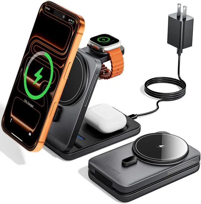 Alt view image 8 of 14 - Foldable 3in1 Charging Station for Magsafe, Travel Phone and Watch Charger for Apple, Wireless Charging Dock for Multiple Devices iPhone 17 16 15 14 13 12 Series/Apple Watch/Airpods