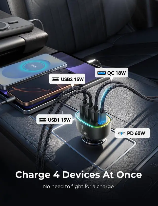 Alt view image 9 of 14 - 75W Car Charger USB C, 4 Port Super Fast Cigarette Lighter USB Charger, Type C 60W & QC 3.0 Multiport Car Phone Adapter Accessories for iPhone 17/16/15/14/13/12 Pro Samsung S20 S21 S22 S23, Android