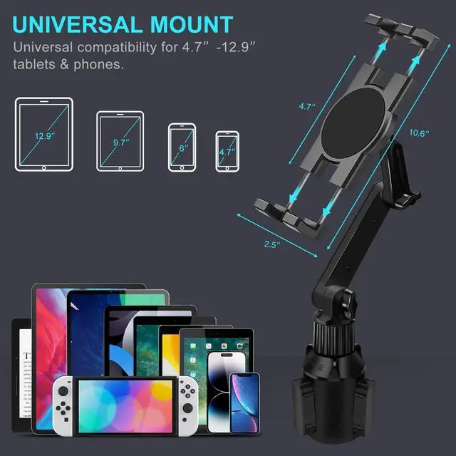 Alt view image 10 of 14 - Cup Holder Car Tablet Mount for Truck, 360° Adjustable 15" Long 2-Arm Stand Holder for iPad Pro 12.9/11/10.5/9.7/Air/Mini 6/5/4, Galaxy Tab/Z Fold 6/5/4, iPhone 17/16/Pro, 4.7-12.9" Tab &Phone