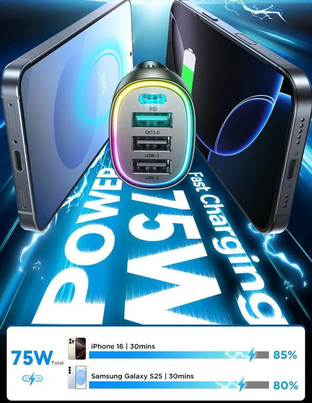 Alt view image 11 of 14 - 75W Car Charger USB C, 4 Port Super Fast Cigarette Lighter USB Charger, Type C 60W & QC 3.0 Multiport Car Phone Adapter Accessories for iPhone 17/16/15/14/13/12 Pro Samsung S20 S21 S22 S23, Android