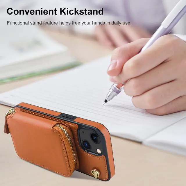 Alt view image 13 of 14 - Crossbody Wallet Case for iPhone 14 iPhone 13, RFID Blocking Leather Purse Case with Card Holder, Protective Handbag Flip Cover with Zipper Wrist Strap Lanyard for Women 5G 6.1 Inch (Brown)