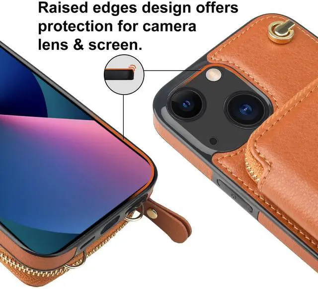 Alt view image 14 of 14 - Crossbody Wallet Case for iPhone 14 iPhone 13, RFID Blocking Leather Purse Case with Card Holder, Protective Handbag Flip Cover with Zipper Wrist Strap Lanyard for Women 5G 6.1 Inch (Brown)