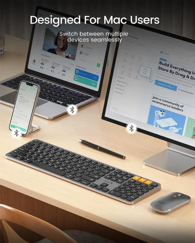Alt view image 9 of 14 - Backlit Bluetooth Keyboard and Mouse for Mac, KM100-A Full Size Wireless Keyboard Mouse for Mac, Multi-Device Rechargeable for MacBook Pro/Air, iPhone, iPad, Space Gray