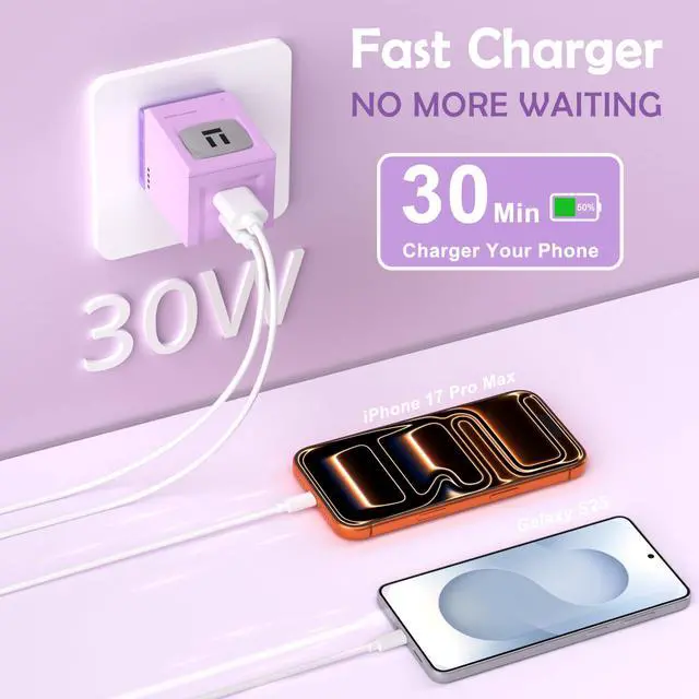 Alt view image 14 of 14 - 3 Packs USB C Charger Block Robot Wall Plug Adapters Set Dual Port Type C Charger Fast Charging USB Cell Phone Wall Charger PD 30W USB-C & QC 3.0 USB-A Plug Adapter for iPhone 17 16 15 14